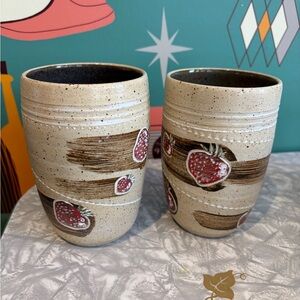 Set of 2 large Treehouse pottery Strawberry Tumblers mugs 6” tall 3.5” wide
